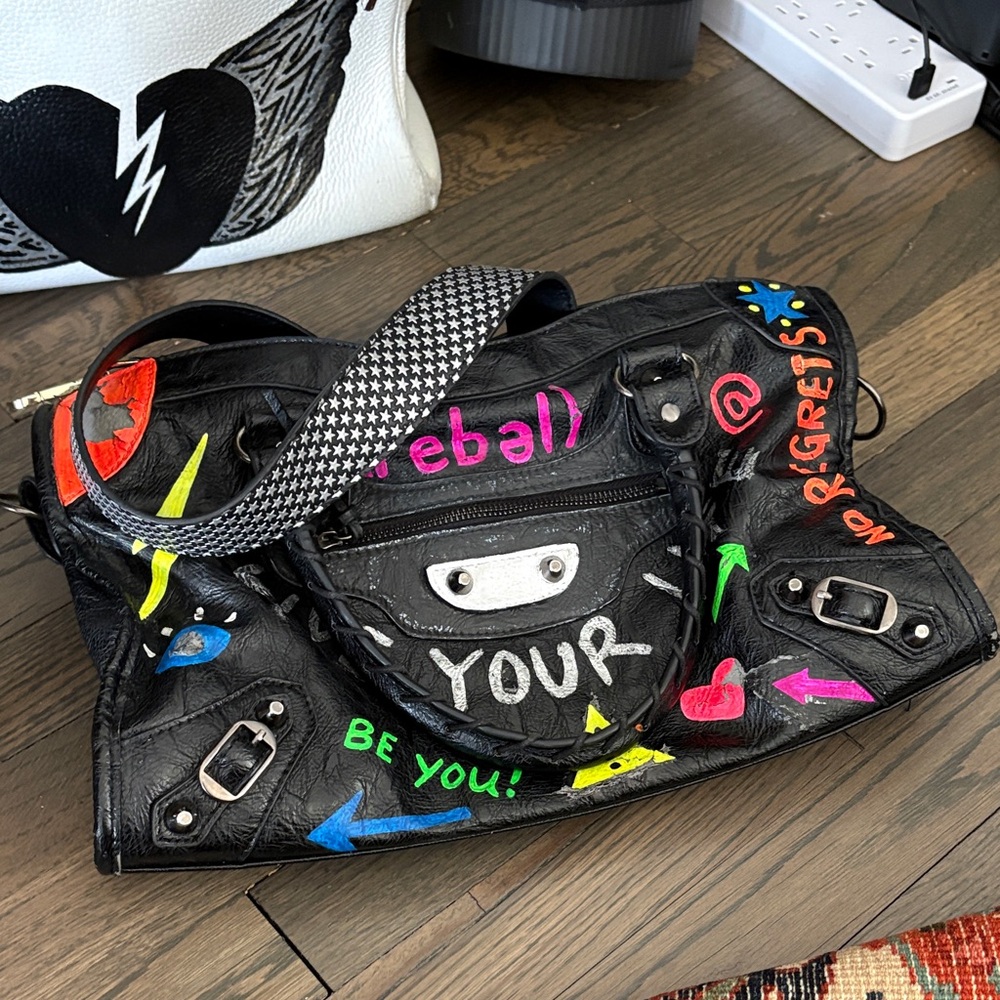 Tote Black Bag Hand Painted